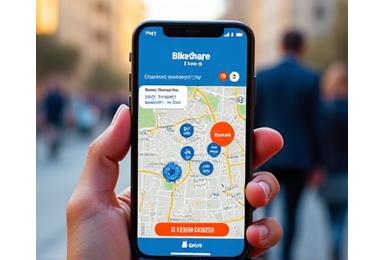 Écran de l'application BikeShare montrant des stations de vélos partagés disponibles et un défi de gamification.
