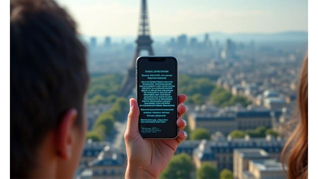 Personnes utilisant une application de réalité augmentée au sommet de la Tour Eiffel, superposant des informations historiques