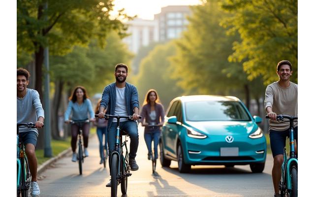 Des personnes diversifiées utilisant diverses options de transport partagé - covoiturage dans une voiture électrique, vélos en libre-service, trottinettes électriques se déplaçant harmonieusement dans un espace urbain arboré. Luminosité naturelle, ambiance de collaboration.