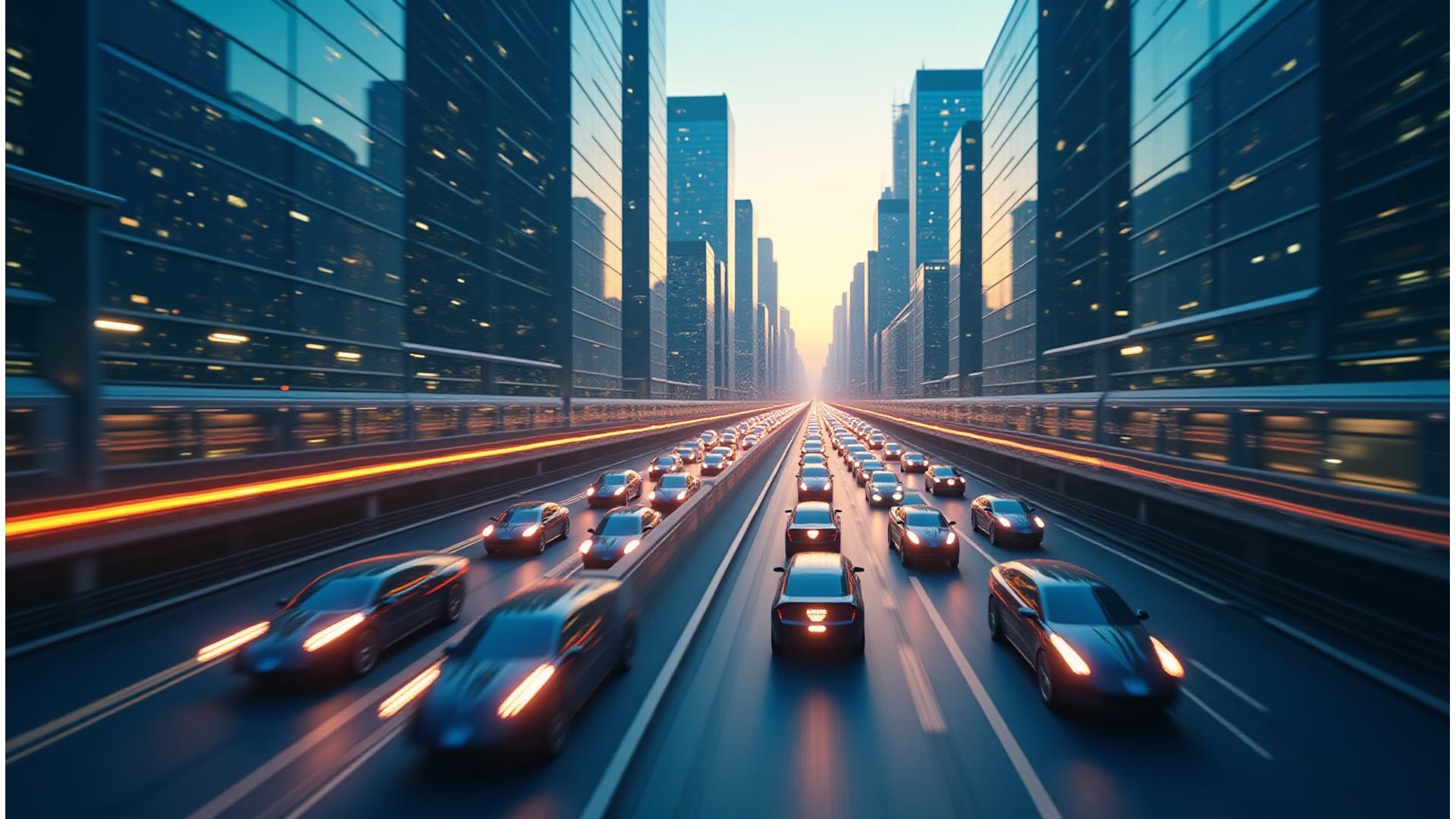 Vue aérienne futuriste d'une ville intelligente avec des transports autonomes et des infrastructures connectées par une myriade de données lumineuses.