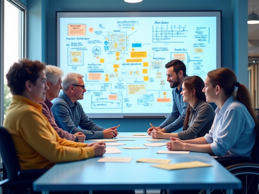 Un groupe de personnes diversifiées, dont des utilisateurs de fauteuils roulants et des seniors, participent à un atelier de co-création, discutant avec des designers autour d'un grand tableau blanc rempli d'idées et de schémas. L'ambiance est collaborative et innovante.